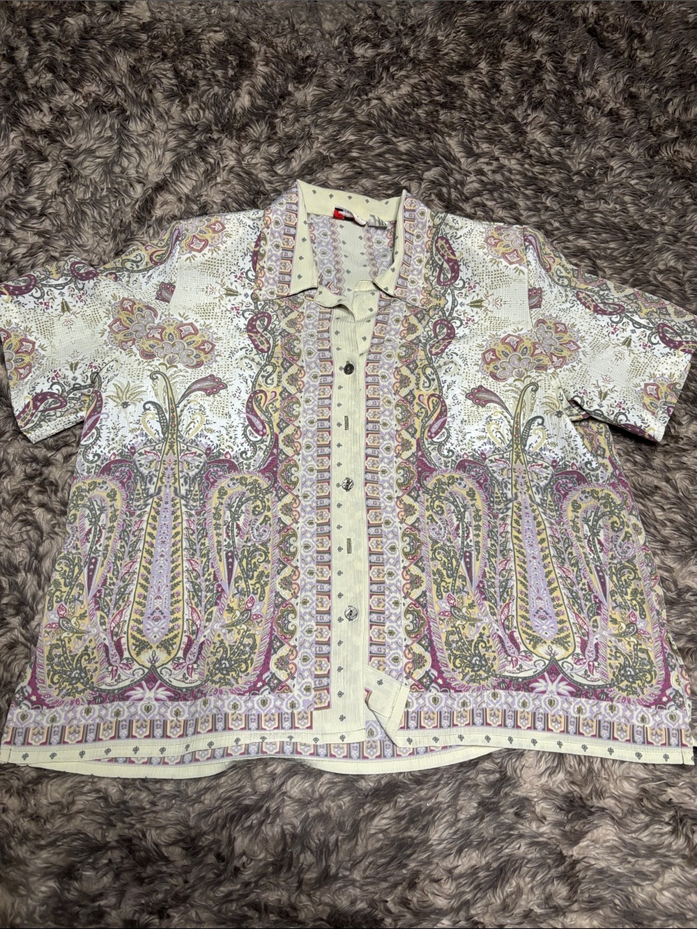 Alia Cream Paisley Short Sleeve Button-Up Blouse with Pink & Sage Accents